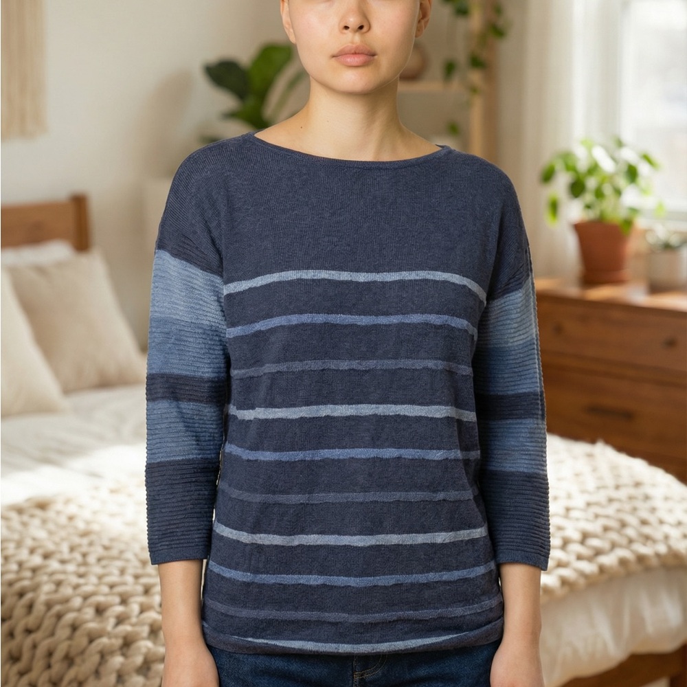 Chico's Navy and Light Blue Striped Knit Top